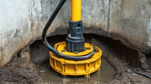 Sump pump with yellow backup for underground water drainage – Home maintenance and plumbing, emphasizing flood prevention