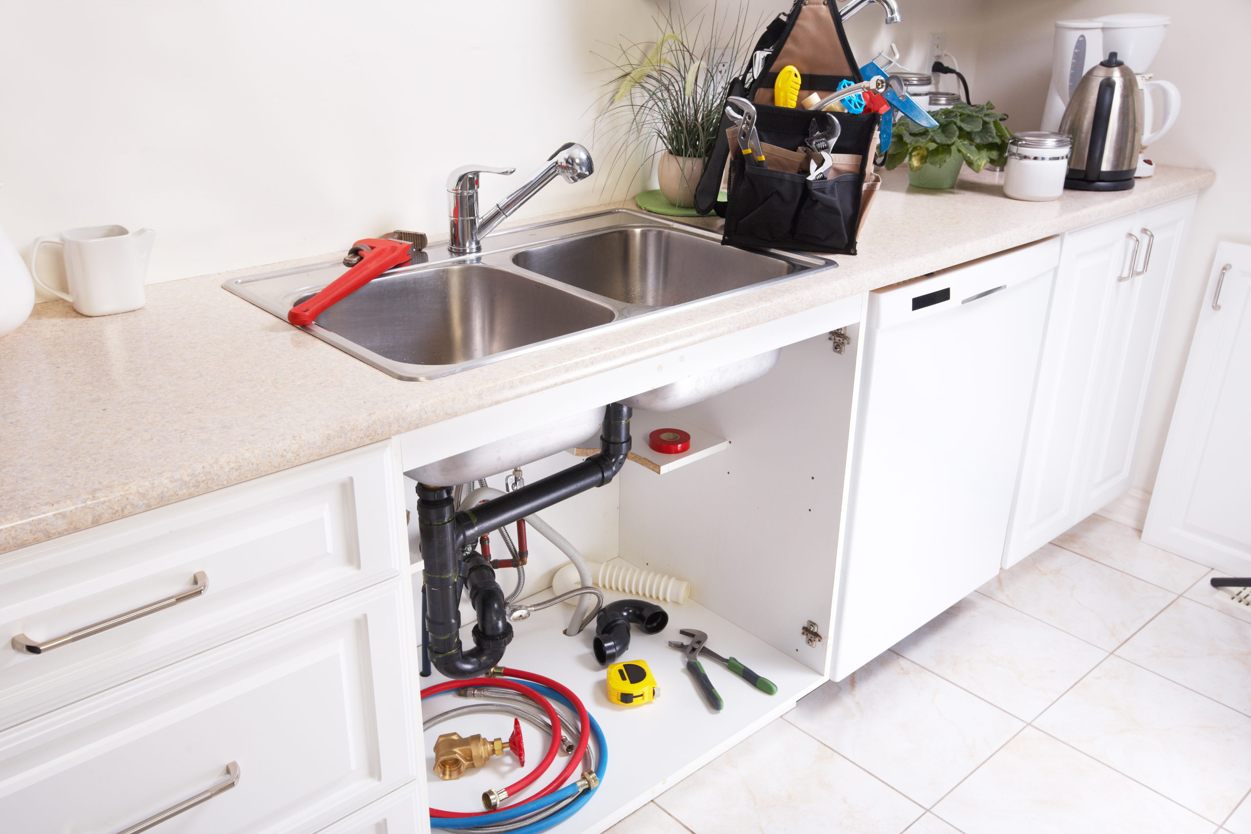 Plumber repairing a kitchen sink in Santa Rosa, CA.